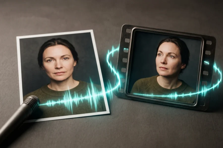 A fictional woman in a printed portrait and a matching film frame, joined by a turquoise sound wave from a microphone.